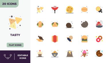 Lezzetli için mükemmel 20 Düz Renkli PIXEL vektör simgesi tasarlandı. Kusursuz bütünleşme ve performans için 128x128 çözünürlükte tasarlandı..