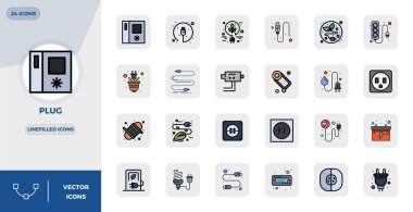 Plug için 24 Satır doldurulmuş vektör simgelerinden oluşan sofistike paket, profesyonel uygulamalar için 128x128 PIXEL mükemmel berraklığı ile tasarlandı.