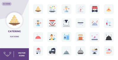 Yemek şirketi için hassas tasarlanmış 24 yassı vektör simgesi, 128x128 PIXEL olağanüstü berraklık ve ölçeklenebilirlik için mükemmel çözünürlük..