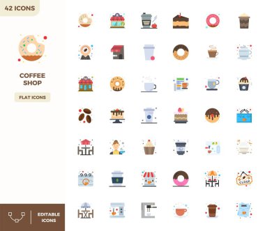 Kahve dükkanı için 42 vektör ikonu içeren kapsamlı paket, gevrek 128x128 PIXEL mükemmel kalite.
