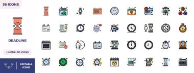 Deadline teması için hazırlanmış 36 Doğrusal Renk vektör simgesi seti keşfedin, 128x128 PIXEL modern UI / UX projeleri için mükemmel tasarımlar.