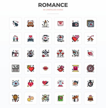 Bu 36 Doğrusal Doldurma vektör simgesi seti, romantizm temalarını 128x128 PIXEL mükemmel kalite, teknoloji ve iş uygulamaları için mükemmel kalitede yakalar.