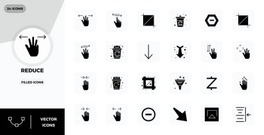 Dolu Biçimli Azaltma 'yı temsil eden 24 vektör simgesinin yer aldığı stratejik paket, profesyonel iş akışları için mükemmel kalitede 128x128 PIXEL ile optimize edildi.