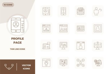 Profil Sayfası için özenle düzenlenmiş 16 Slim Line vektör simgesi, tutarlı marka temsili ve kullanıcı deneyimi için 128x128 PIXEL mükemmel çözünürlüğe sahiptir.