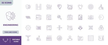 Mühendislik için 32 Minimal Line vektör simgesinden oluşan sofistike bohça, profesyonel uygulamalar için 128x128 PIXEL mükemmel netlikte tasarlandı..