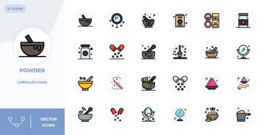 Toz için 24 Satır Dolu PIXEL mükemmel vektör simgesi koleksiyonu, netlik ve çok yönlülük için 128x128 biçiminde tasarlandı.