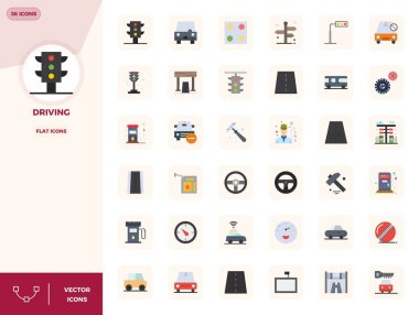 Modern uygulama geliştirme için 128x128 PIXEL kusursuz çözünürlüğe sahip, Düz estetik Sürüş 'ü temsil eden 36 vektör simgesinin çağdaş koleksiyonu.