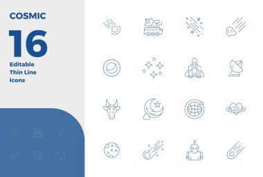 Kozmik 'i temsil eden 16 ince çizgi vektör simgesinden oluşan profesyonel sınıf koleksiyon, 128x128 PIXEL mükemmel bir hassasiyetle tasarlandı..