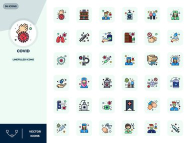 Covid için 36 satır doldurulmuş vektör simgesi, tutarlı marka temsili ve kullanıcı deneyimi için 128x128 PIXEL mükemmel çözünürlüğe sahiptir.