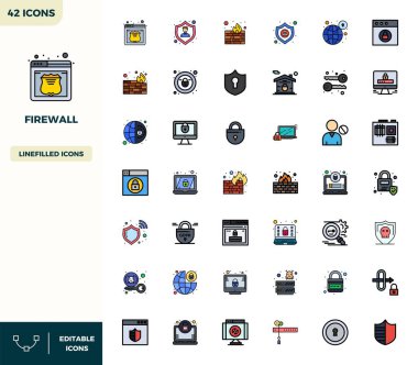 Flat Lineal Color dizaynında Firewall 'ı temsil eden 42 vektör simgesi oluşturuldu, fevkalade görsel kalite için 128x128 PIXEL mükemmel çözünürlüğe sahip.