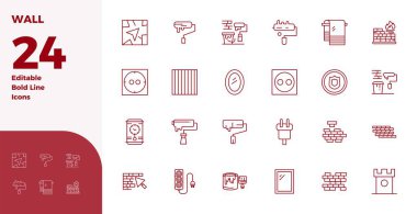 Bu Wall vektör simgesi paketi, 128x128 PIXEL mükemmel formatta 24 kalın çizgi tasarımını içerir, dijital arayüzleri geliştirmek için mükemmeldir.