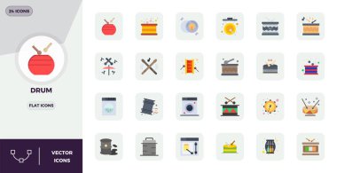 24 PIXEL mükemmel vektör simgesinin yer aldığı son teknoloji ürünü deste, gelecek nesil arayüzler için 128x128 'de Düz formatta yaratılmış Drum' dan esinlenilmiş..