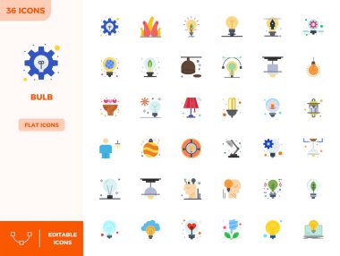 Tasarımlarınızı Ampul etrafında temalı 36 Düz Renk vektör simgesi ile değiştirin, 128x128 PIXEL mükemmel çözünürlükte maksimum berraklık için tasarlandı.
