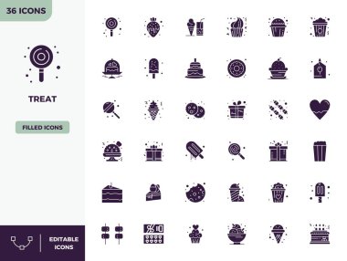 Treat etrafında temalı 36 vektör simgesinden oluşan geleceğe hazır paket, 128x128 PIXEL ile doldurulmuş tasarım yenilikçi kullanıcı arayüzleri için mükemmel netlik.