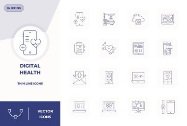 Dijital Sağlık için 16 İnce Hat vektör simgesi içeren yenilenmiş paket, 128x128 PIXEL zarif ve işlevsel tasarım çözümleri için mükemmel kalite.