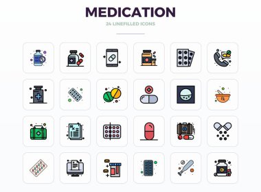 İlaç etrafında temalı 24 vektör simgesinden oluşan geleceğe hazır paket, 128x128 PIXEL yenilikçi kullanıcı arayüzleri için mükemmel berraklık içeren Satır Doldurma tasarımı sergileniyor.