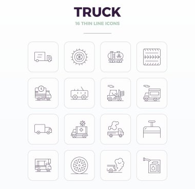 Kamyon için 16 ince PIXEL ana hatlı mükemmel vektör simgeleri, 128x128 çözünürlük çarpıcı görsel tutarlılık için platformlar arasında oluşturuldu.