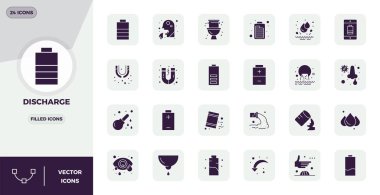 Boşaltma etrafında temalı 24 vektör simgesinden oluşan geleceğe hazır paket, 128x128 PIXEL mükemmel kullanıcı arayüzleri ile doldurulmuş Glyph gösterimi.