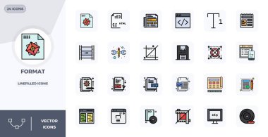 Format için 24 Satır Dolu vektör simgesi içeren Rafine paket, 128x128 PIXEL zarif ve işlevsel tasarım çözümleri için mükemmel kalite.