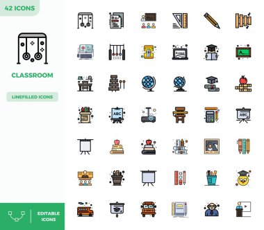 42 Düz Çizgisel Çizgi PIXEL mükemmel vektör simgelerinden oluşan çok yönlü bir set, mobil ve web uygulamaları için ideal Crisp 128x128 formatında sunulan Sınıfa odaklanmıştır..