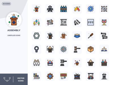 Toplam 36 vektör simgesini içeren stratejik paket Assembly in Linefilled formatında, profesyonel iş akışları için mükemmel kalitede 128x128 PIXEL ile optimize edilmiştir.