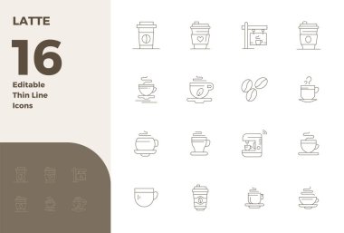 Latte için 16 ince çizgi vektör simgesinden oluşan kaliteli koleksiyon, titizlikle 128x128 PIXEL mükemmel çözünürlükte tasarlanmıştır..