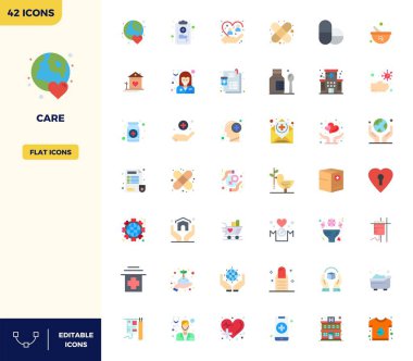 Düz Renkli Estetik Bakımı temsil eden 42 vektör ikonunun nihai koleksiyonu, 128x128 PIXEL ile optimize edilmiş azami etki için mükemmel çözünürlük.