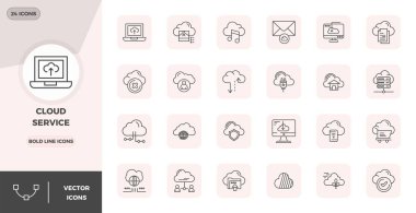 Bulut Servisi için 24 Kalın Çizgi vektör simgesinin özel koleksiyonu, 128x128 PIXEL premium marka deneyimleri için mükemmel çözünürlükte geliştirilmiştir.