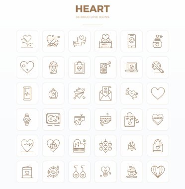Modern uygulama geliştirme için 128x128 PIXEL kusursuz çözünürlüğe sahip, Güçlü Taslak Estetik Kalp 'i temsil eden 36 vektör simgesinin çağdaş koleksiyonu.