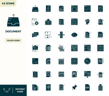 42 Doldurulmuş vektör simgelerinden oluşan bu set, 128x128 PIXEL mükemmel kalitede, teknoloji ve iş uygulamaları için mükemmel nitelikte belge temaları yakalar.