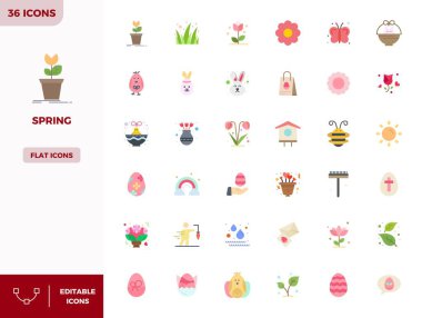 Bu 36 Düz Renk vektör simgesi seti, 128x128 PIXEL mükemmel kalitede, teknoloji ve iş uygulamaları için mükemmel kalitede bahar temaları yakalar.