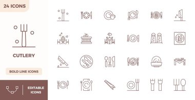 Çatal bıçak takımı etrafında 24 vektör simgesinden oluşan gelecek hazır paket, 128x128 PIXEL yenilikçi kullanıcı arayüzleri için mükemmel berraklığa sahip Heavy Line tasarımı sergileniyor.