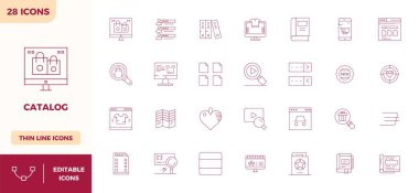 28 Minimal Line vektör simgesi seti Katalog temalarını 128x128 PIXEL mükemmel kalite, teknoloji ve iş uygulamaları için mükemmel kalitede yakalar.