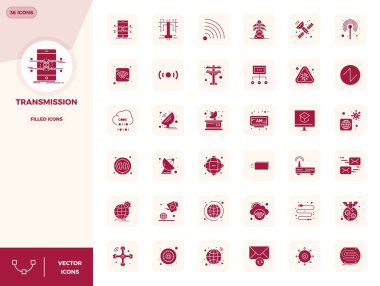 Fevkalade görsel kalite için 128x128 PIXEL mükemmel çözünürlüğe sahip, Dolu Tasarım Aktarımı temsil eden 36 vektör simgesi ustalıkla oluşturuldu.