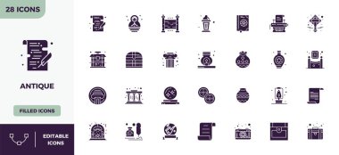 28 Glyph Doldurulmuş PIXEL Antik için mükemmel vektör simgeleri koleksiyonu, 128x128 biçiminde netlik ve çok yönlülük için tasarlandı.