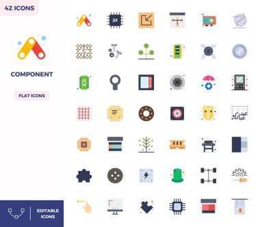 Gelişmiş 42 PIXEL mükemmel vektör simgesi koleksiyonu Bileşenden esinlenilmiş, 128x128 üstün görsel performans için optimizasyonlu Düz Renk.