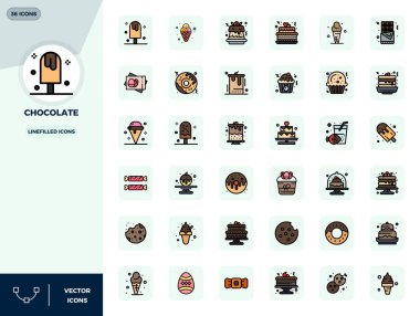 Çikolata için 36 Satır Dolu PIXEL mükemmel vektör simgesi koleksiyonu, netlik ve çok yönlülük için 128x128 biçiminde tasarlandı.