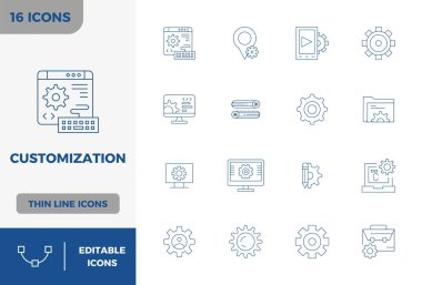Minimal Line estetik özelleştirmesi için 16 vektör simgesinden oluşan, 128x128 PIXEL kusursuz çözünürlüğe sahip, sorunsuz kullanıcı deneyimleri için.