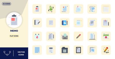 Bu koleksiyon, dijital tasarım için 128x128 biçiminde optimize edilmiş, Memo temasına uygun 24 Düz PIXEL mükemmel vektör simgesi içerir..