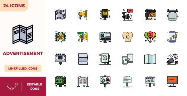 Profesyonel olarak Düz Çizgi Rengi 'nde 24 vektör simgesi tasarlanmış, Reklam özünü UI tasarımı için mükemmel bir hassasiyetle yakalıyor..
