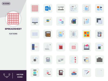 Hesap tablosu için hassas tasarlanmış 36 Düz vektör simgesi, 128x128 PIXEL olağanüstü açıklık ve ölçeklenebilirlik için mükemmel çözünürlük.