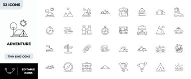 Macera etrafında temalı 32 vektör simgesinden oluşan kapsamlı araç gereç takımı, 128x128 PIXEL mükemmel bir hassasiyetle Minimal Line 'da geliştirilmiş çok yönlü tasarım uygulamaları için.