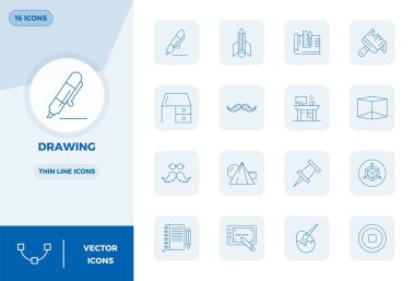 Tasarımlarınızı, 128x128 PIXEL mükemmel çözünürlükte, maksimum berraklık için tasarlanmış, çizim etrafında temalı 16 ince çizgi vektör simgesi ile değiştirin.