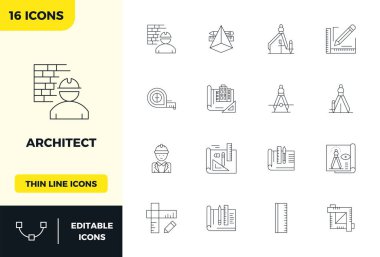Mimarlık için 16 Minimal Hat PIXEL mükemmel vektör simgeleri, tutarlı görsel mükemmellik için 128x128 biçiminde sunulmuştur..