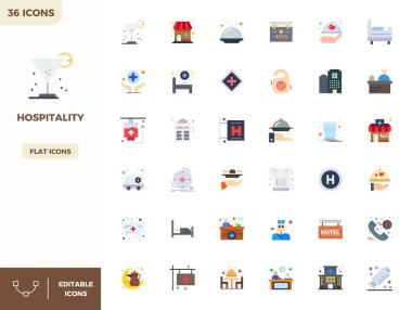 Konukseverlik etrafında temalı 36 vektör simgesinden oluşan yenilikçi paket, modern dijital çözümler için 128x128 PIXEL mükemmel biçiminde Düz Renk tasarımı sergileniyor.