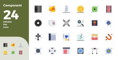 Bileşen etrafında 24 vektör simgesinden oluşan kapsamlı araç gereç kiti, Düz Renk içinde 128x128 PIXEL çok yönlü tasarım uygulamaları için mükemmel hassasiyetle geliştirilmiştir.
