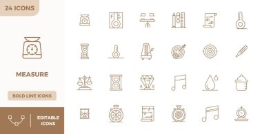 24 PIXEL mükemmel vektör simgesinin yer aldığı en son teknoloji ürünü paket. Yeni nesil arayüzler için 128x128 'de Heavy Line biçiminde yaratılan Ölçü' den esinlenilmiş..