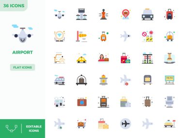 Havalimanı için 36 Düz Renkli PIXEL mükemmel vektör simgeleri, 128x128 çözünürlükte oluşturulan çarpıcı görsel tutarlılık platformlar arasında.