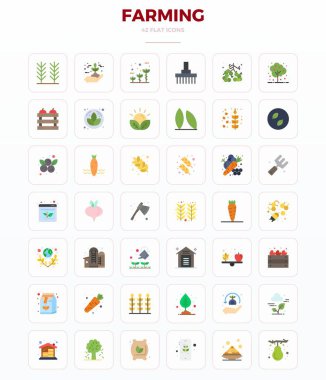 Çiftçilik temalı 42 vektör simgesinin tam paketi, 128x128 PIXEL modern arayüzler için mükemmel kalitede Minimal Düz Tasarım sergileniyor.