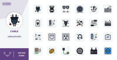 Kablo için 24 Satır Dolu vektör simgesinin istisnai bir koleksiyonu, 128x128 PIXEL mükemmel çözünürlük ve benzersiz görsel mükemmellik için.